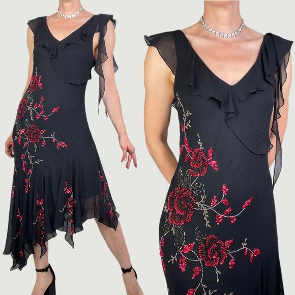 Sue Wong beaded sequin rose floral silk dress midi maxi gown prom asymmetrical M - Picture 1 of 15